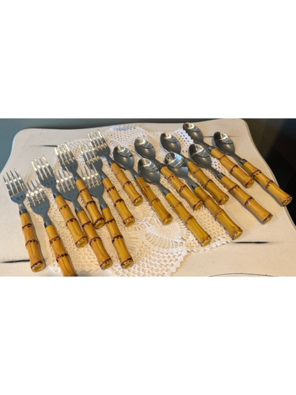 Vintage Bamboo Handle Flatware Set 16 Pieces Stainless Steel Spoons & Forks